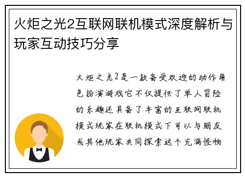 火炬之光2互联网联机模式深度解析与玩家互动技巧分享